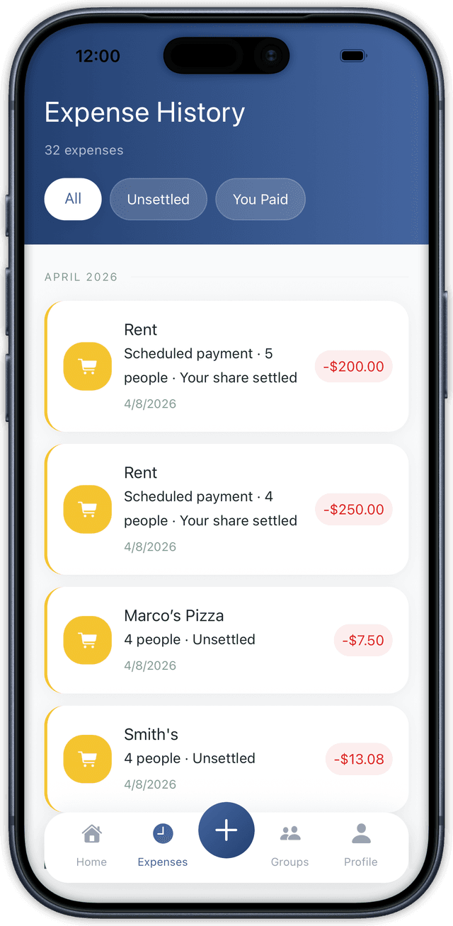 Expense history feed in SplitMate
