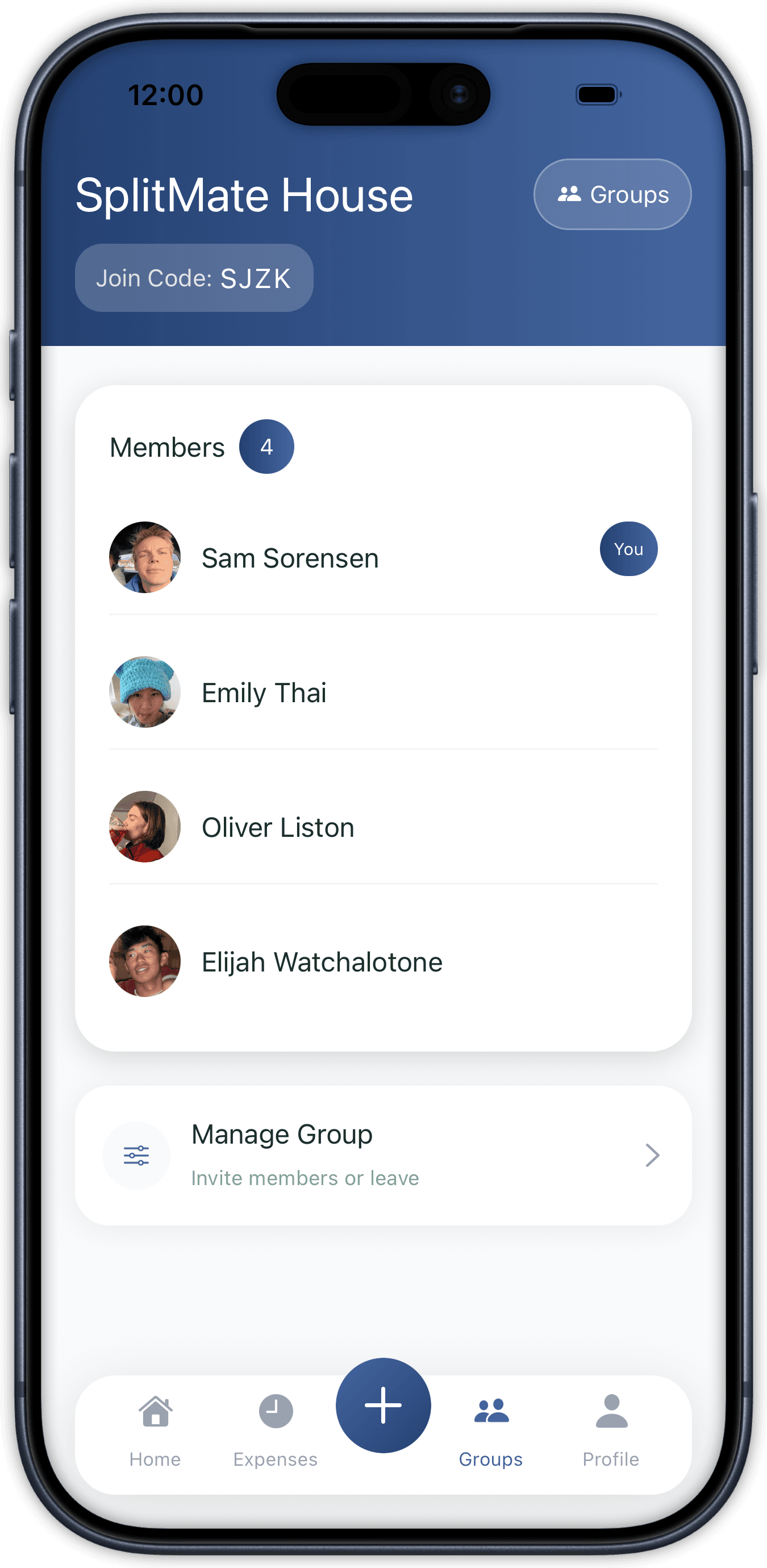 Group overview screen in SplitMate