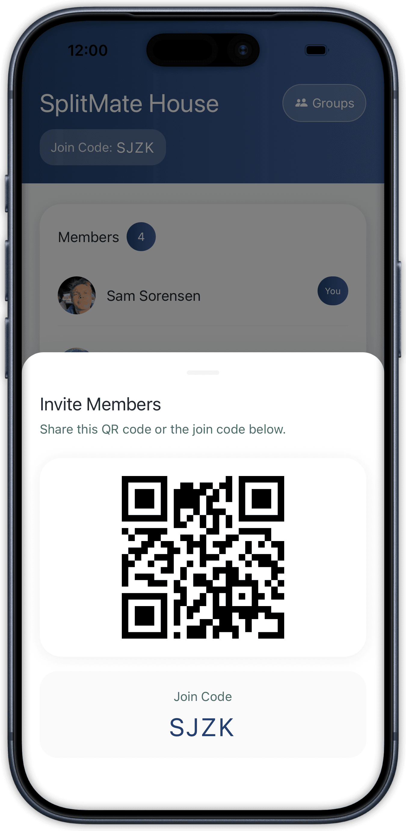 Group invite QR code in SplitMate