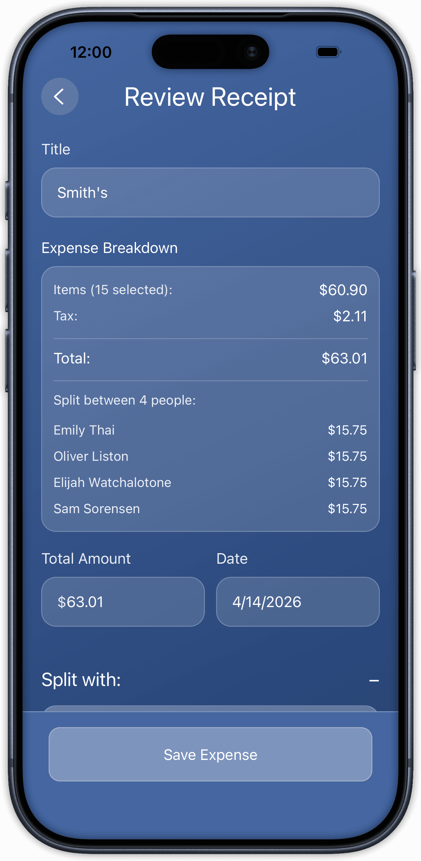 Reviewing a parsed receipt in SplitMate